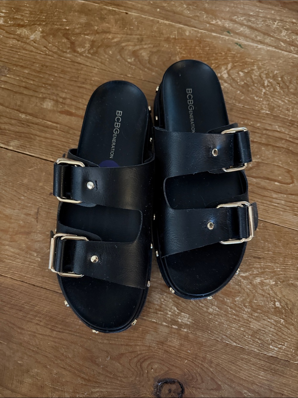 BCBGeneration 8.5 Black Slide Sandals with Gold Buckles